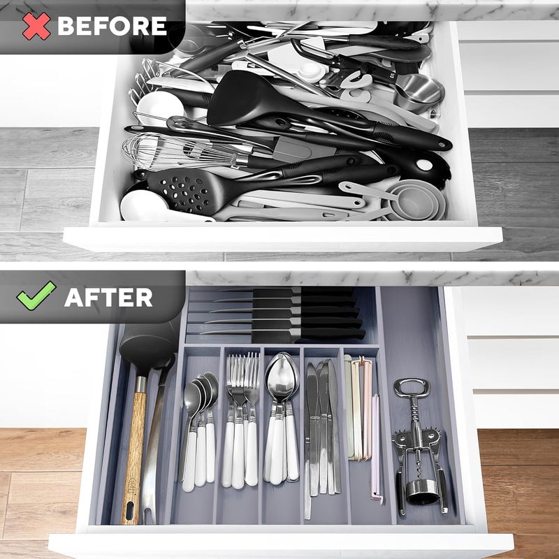KOMFORA Premium Expandable Kitchen Drawer Organizer - 100% Bamboo Organizer Tray - Great for Silverware, Large Utensils, Flatware, Cutlery - 8 Compartments with Knife Block - Perfectly Fits Your Drawers - Image 2